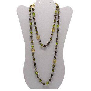 Green Brown Glass Bead Long Necklace With Bronze Chain And Lobster Clasp